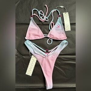 Boutine LA Around O Ring Bikini Top & Bottom in Pink Ombré Honeycomb, Size Small